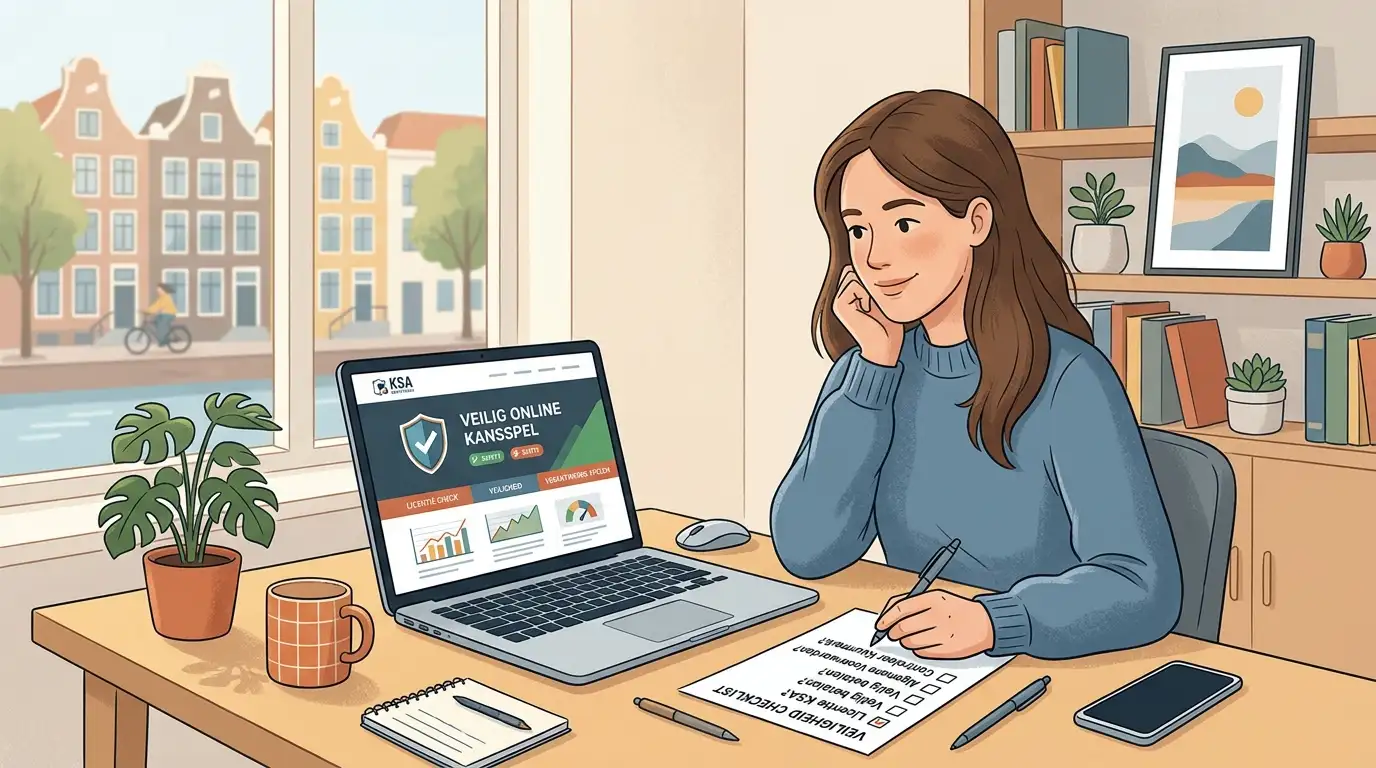 Rustige illustratie van een Nederlandse speler die een goksite controleert op officiële status