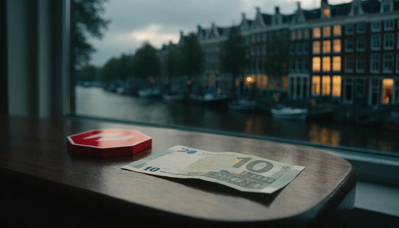 Tien euro biljet op tafel naast stopbord, grachtenpand zichtbaar door raam in Amsterdam