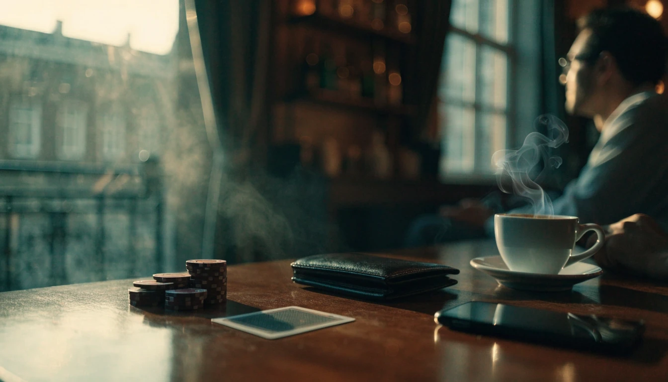 Casino chips, een gesloten telefoon en koffie op een tafel