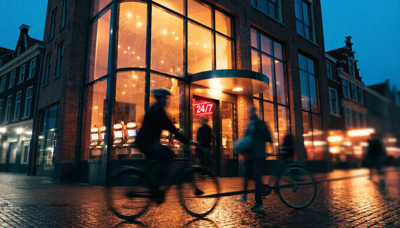 Verlichte ingang van een Nederlands casino 's nachts, altijd open