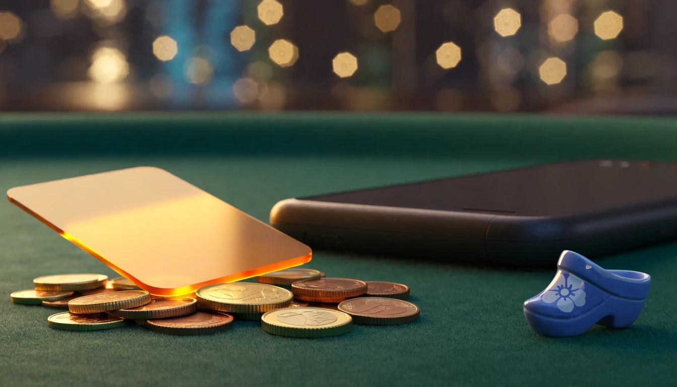 Stapel euromunten en gouden vouchercoupon op groene casinotafel