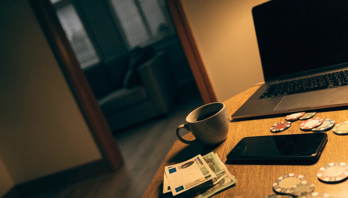 Bureau met telefoon, eurobiljetten en casinofiches bij gedimd licht