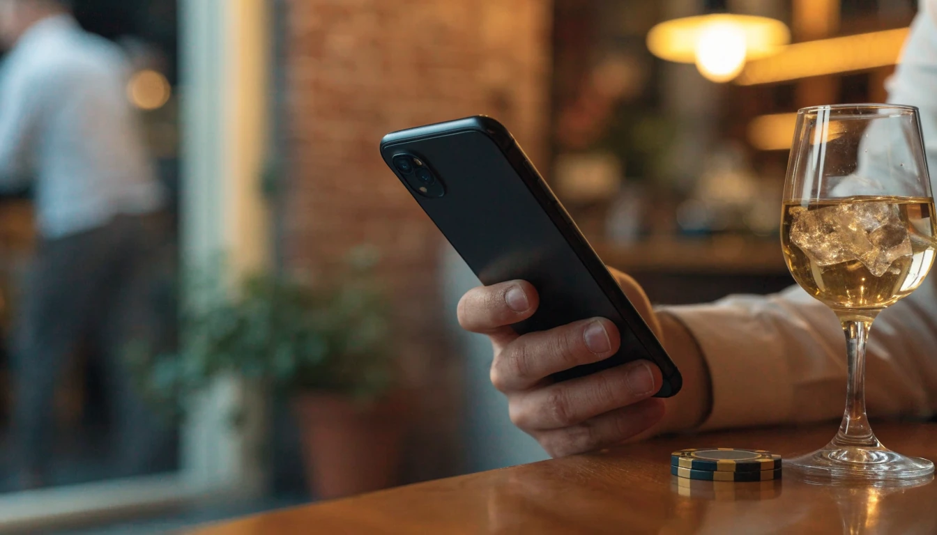 Hand met Android-telefoon in een Nederlands café, gokchip op tafel