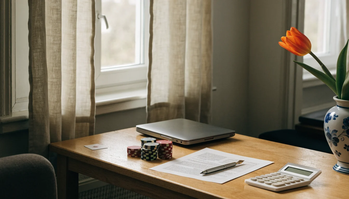 Nederlandse werkplek met laptop, pokerfiches, belastingdocument en Delfts blauwe vaas