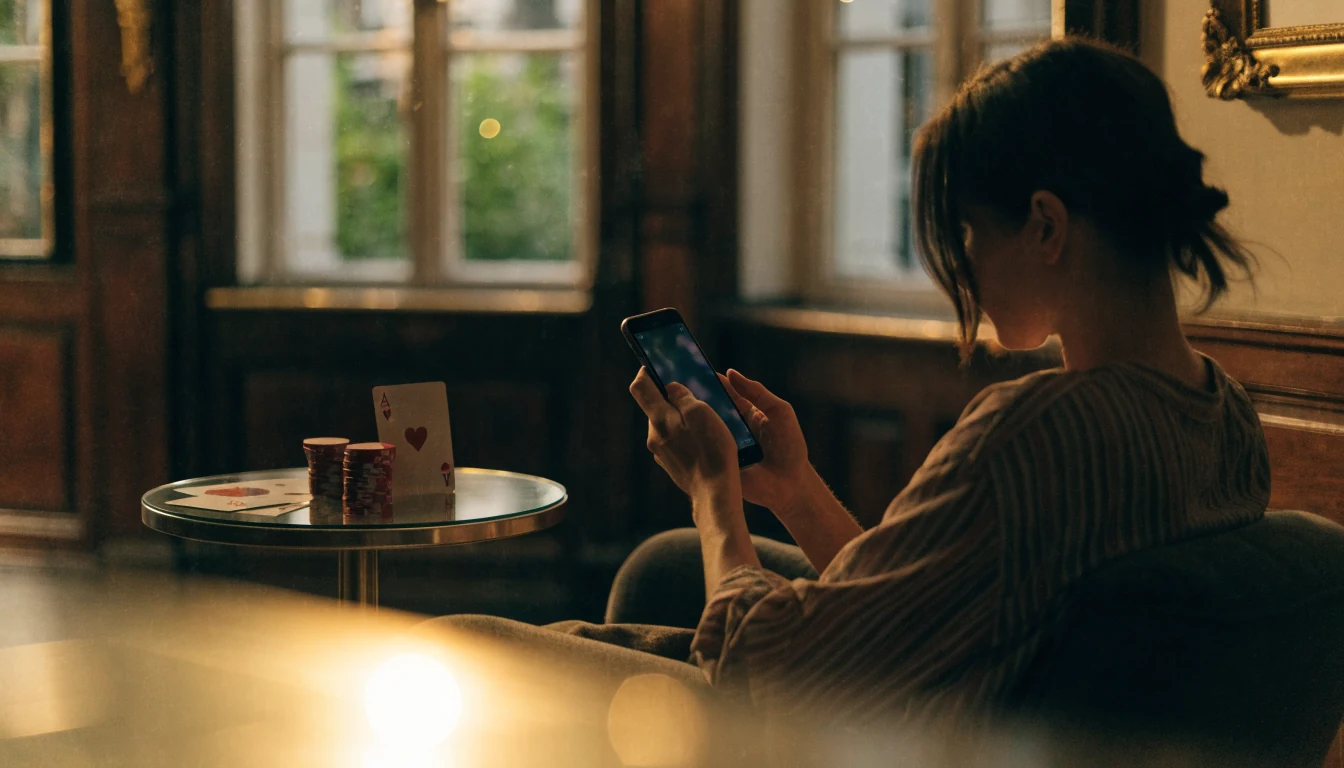 Persoon in een Nederlands huiskamer met smartphone en casinofiches