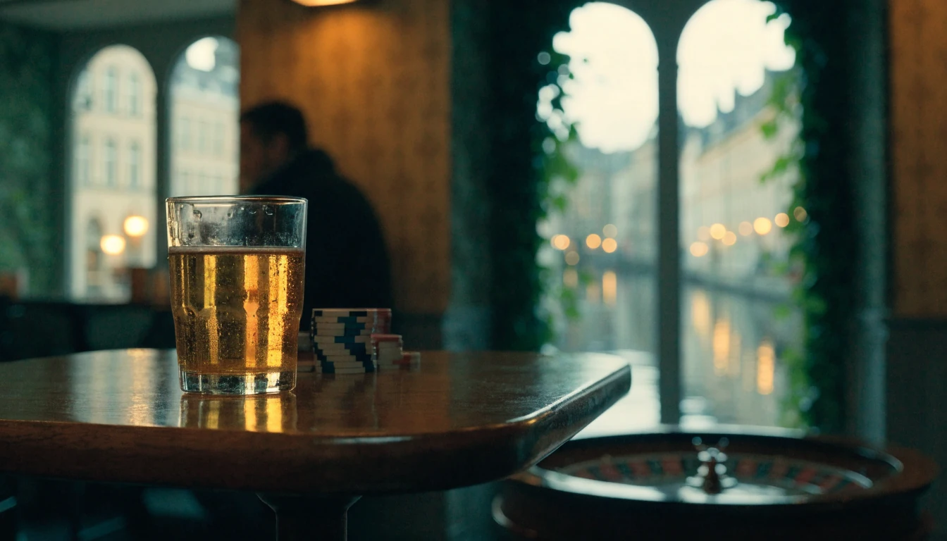 Belgische cafésfeer met casinofiches, roulette en een glas bier bij een houten tafel