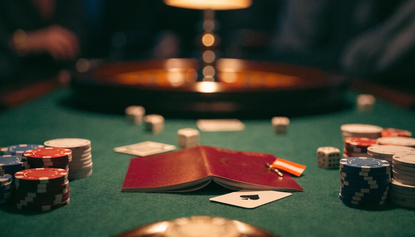Buitenlands casino: paspoort, fiches en speelkaart op een groene casinotafel