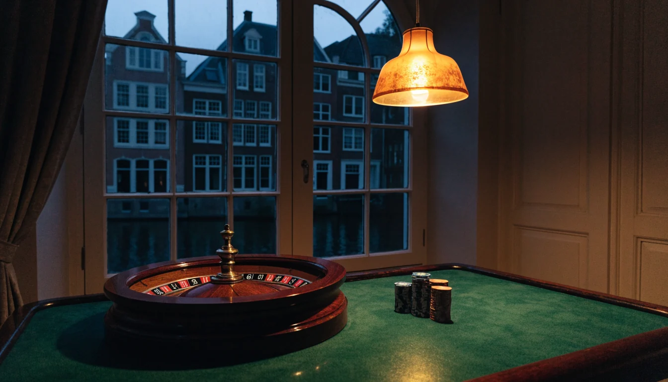 Sfeervol Nederlands grachtenpand-interieur met roulettewiel en casinofiches bij warm avondlicht