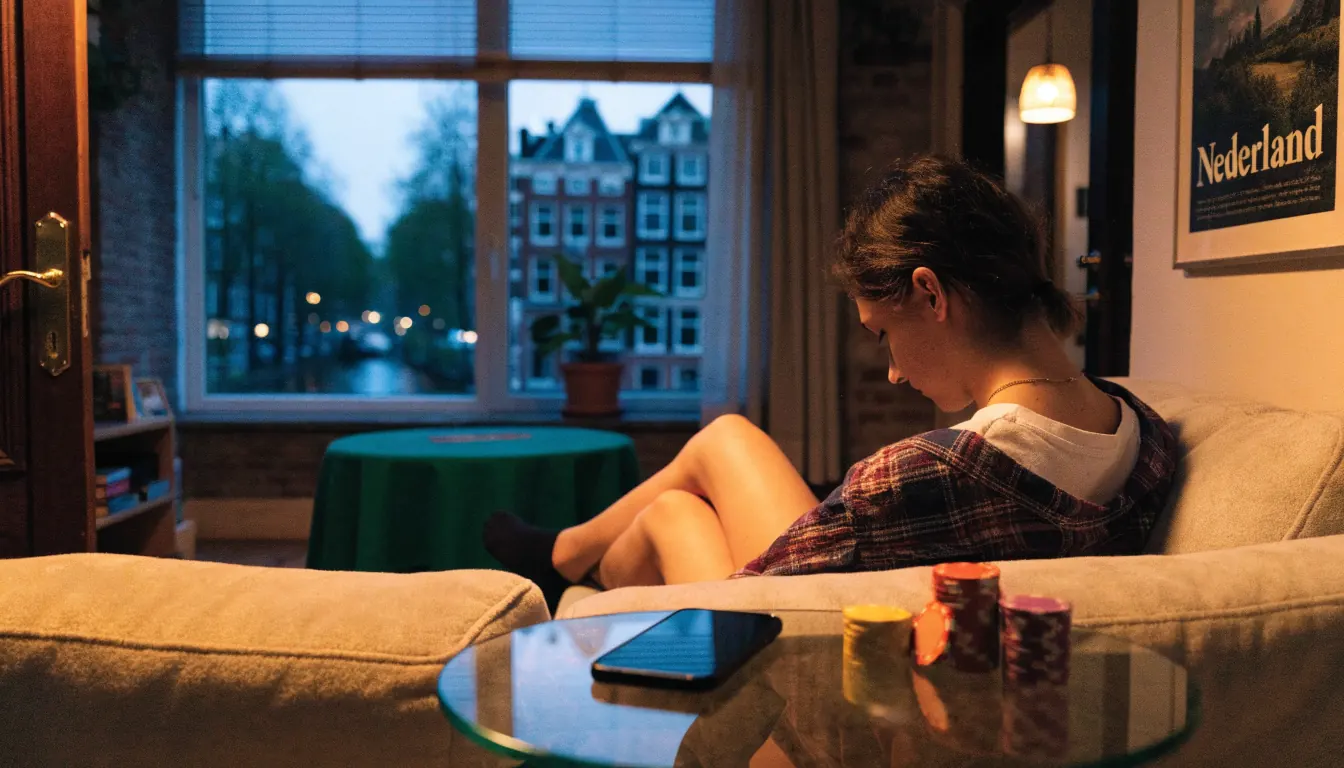 Persoon ontspant thuis met telefoon en casinofiches op tafel