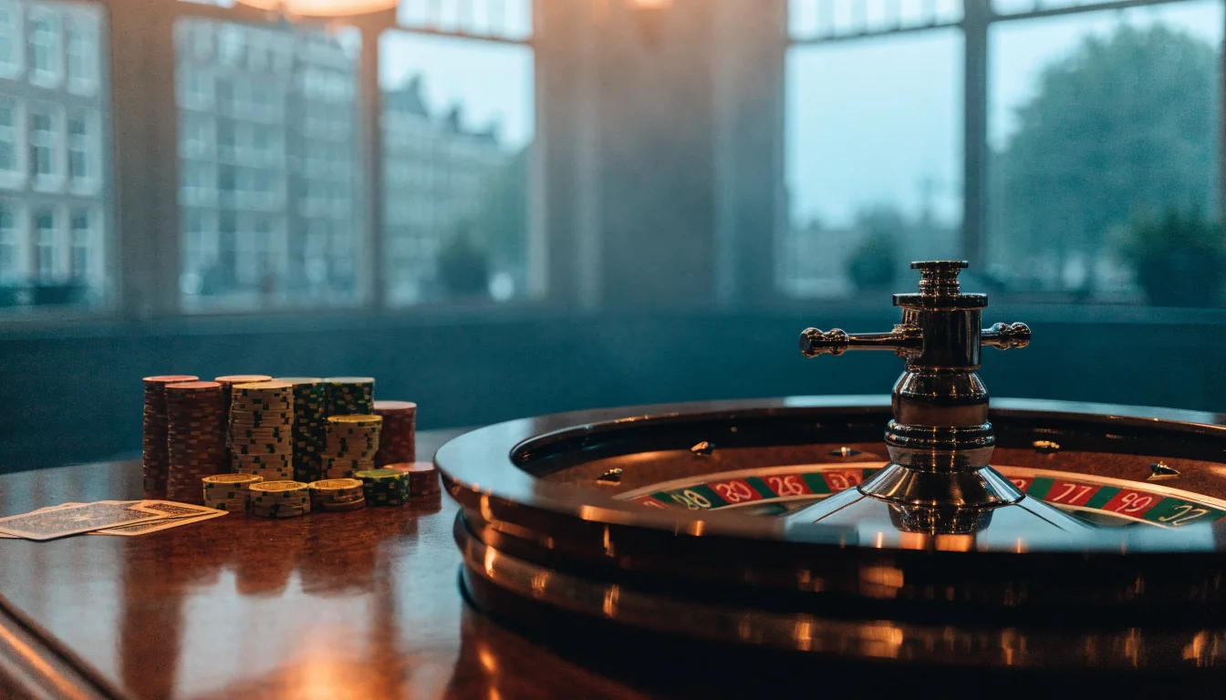 Elegante casinotafel met roulettewiel en kleurrijke fiches in warm sfeerlicht