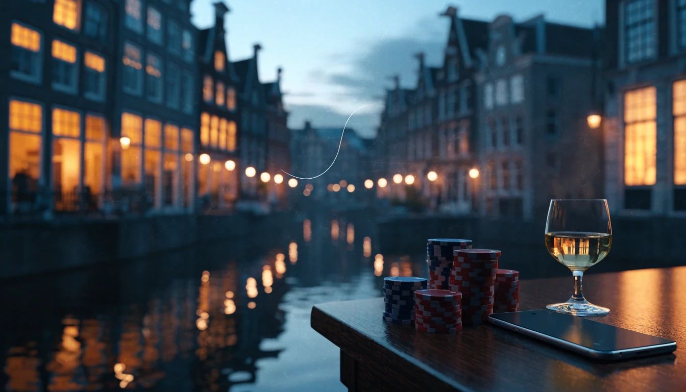 Avondscène met Amsterdamse grachtenpanden en casinofiches op tafel