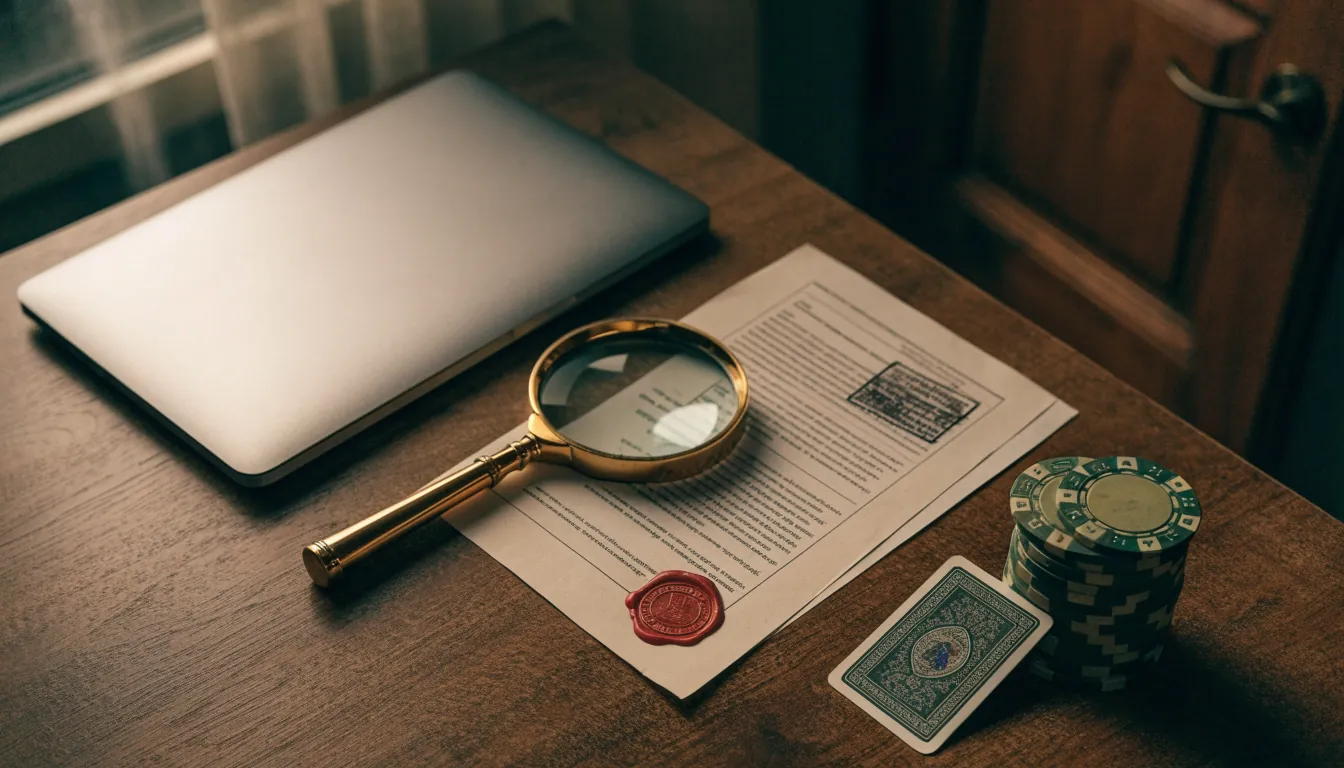 Vergunningsdocument vergroot onder een lamp op een bureau met casinochips