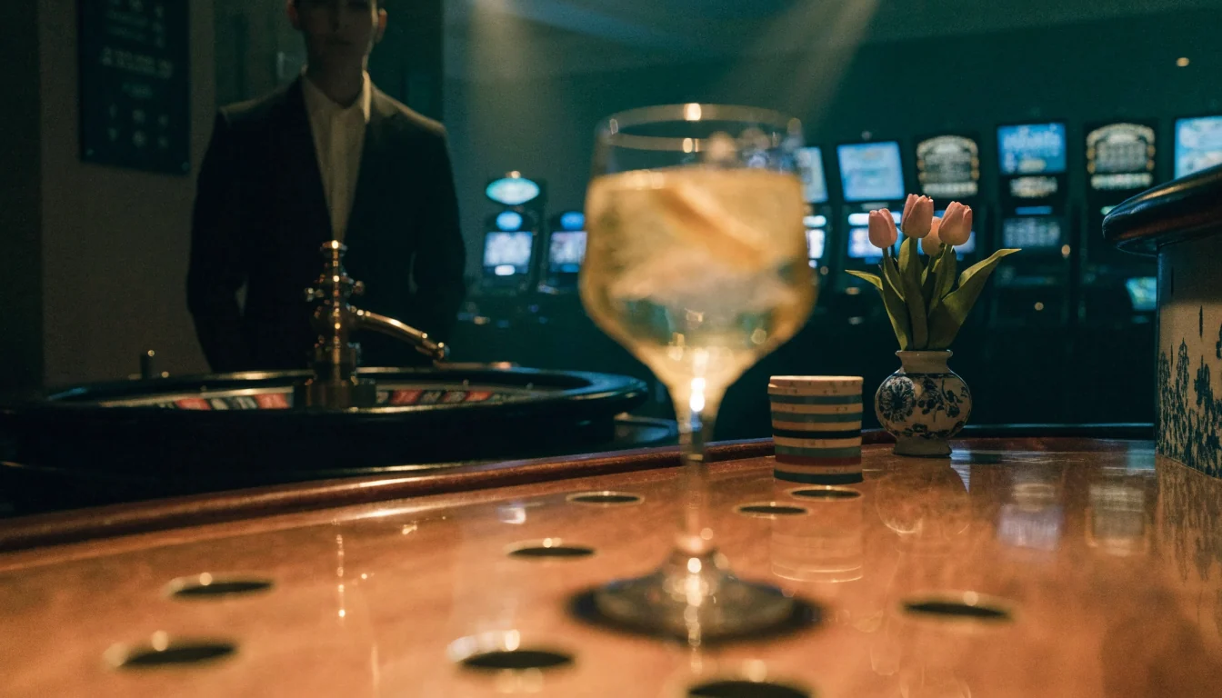 Elegant Nederlands casino interieur met roulette, fiches en een croupier
