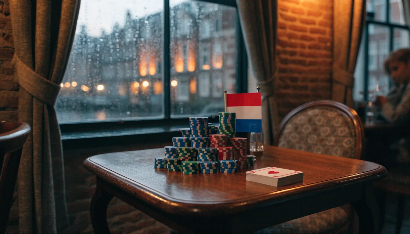 Sfeer van een Nederlands café met casinofiches en speelkaarten op tafel