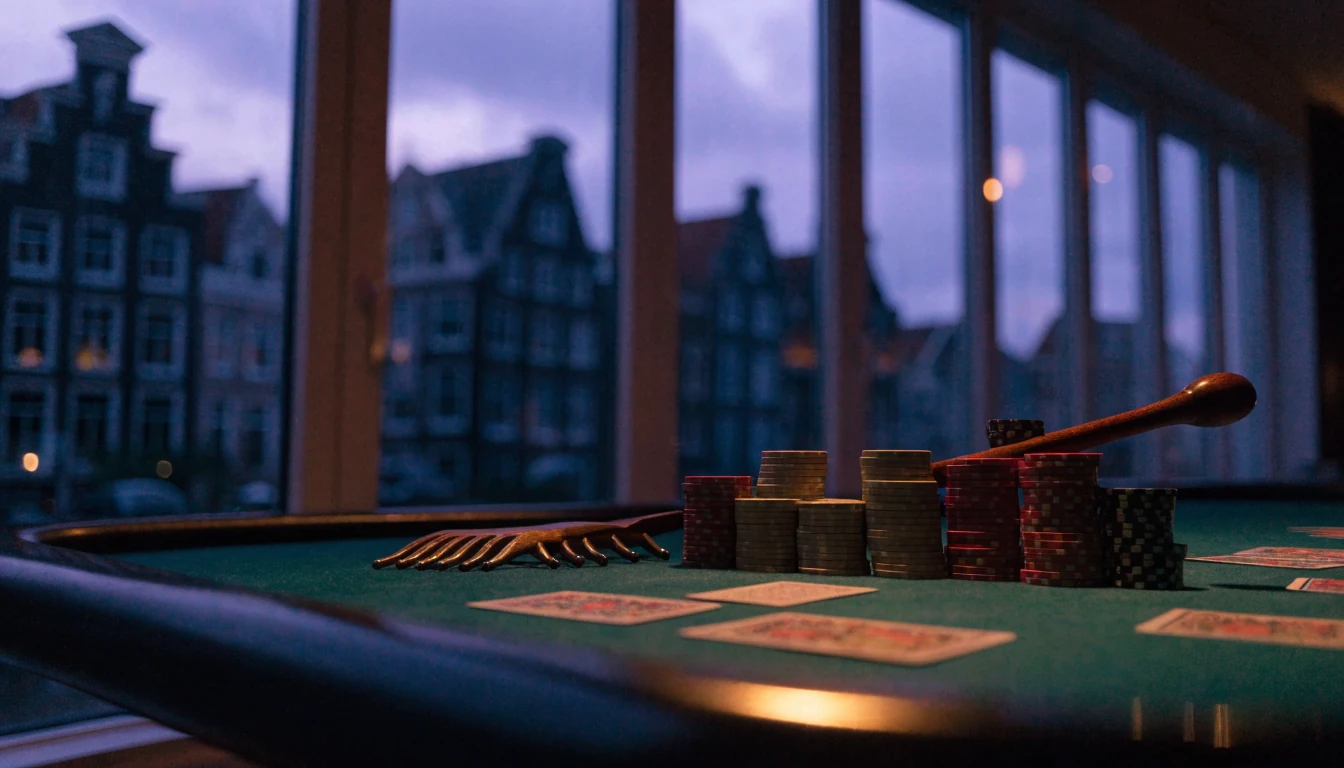 Sfeervolle casinotafel met chips en kaarten in een Amsterdamse schemering