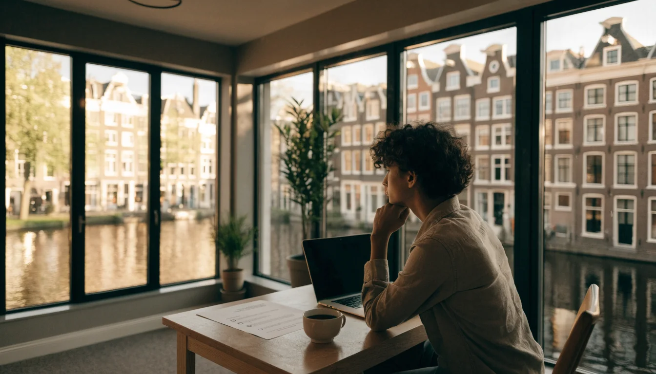 Nederlandse speler controleert opties voor legaal online gokken aan tafel met gesloten laptop