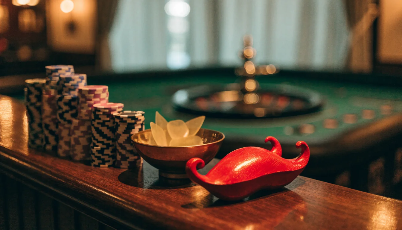 Stijlvolle Nederlandse casinobar met fiches en roulettewiel