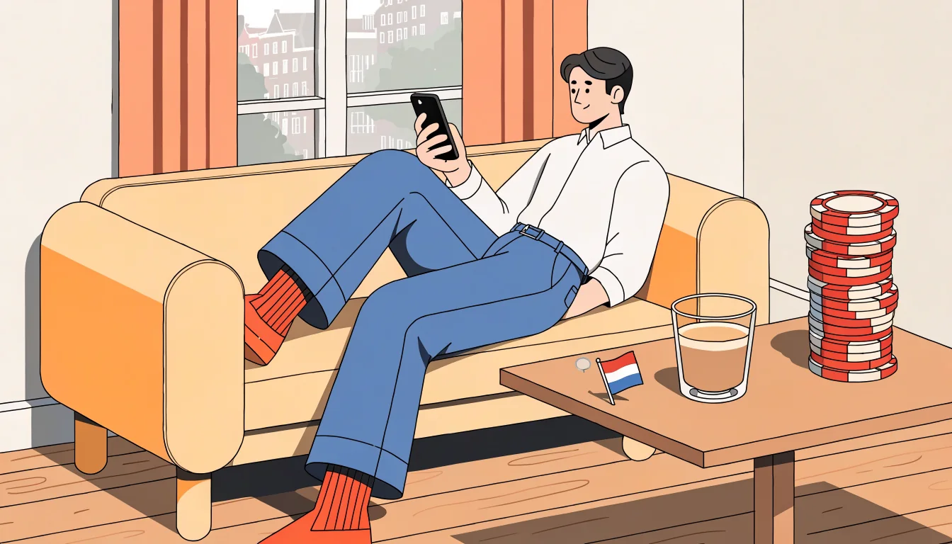 Nederlandse speler ontspannen met telefoon en pokerchips in een modern appartement.