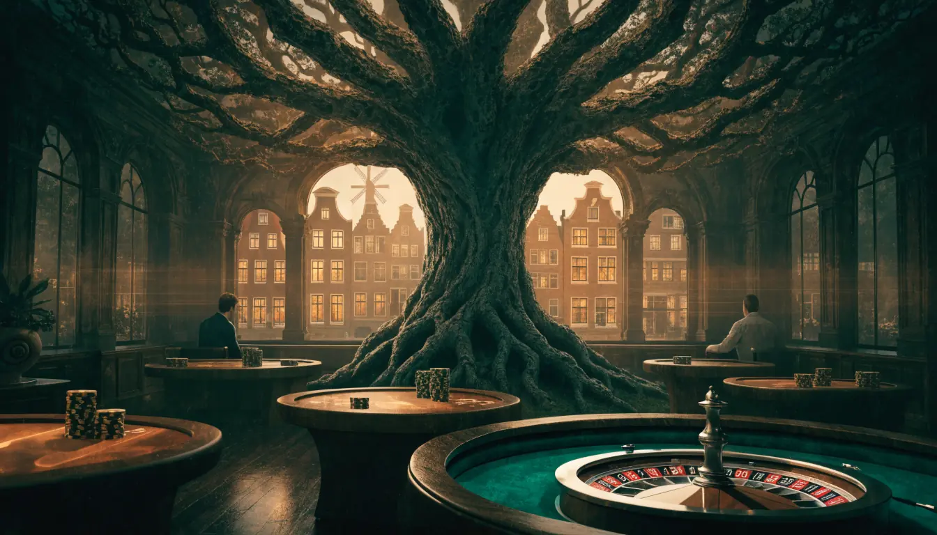 Gestileerde wereldboom Yggdrasil in een sfeervol Nederlands casino-interieur met chips en roulette