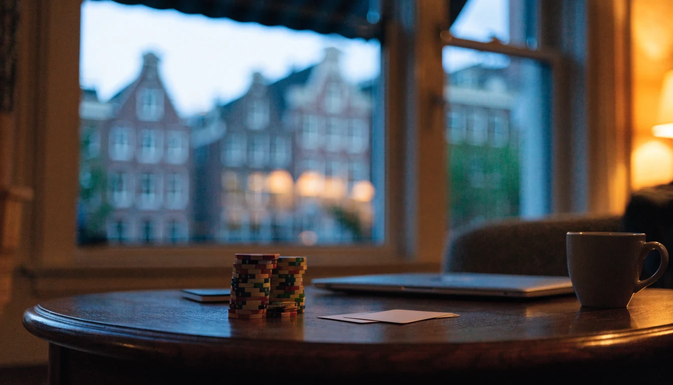 Sfeervolle Nederlandse woonkamer met casinofiches, kaarten en koffie op tafel