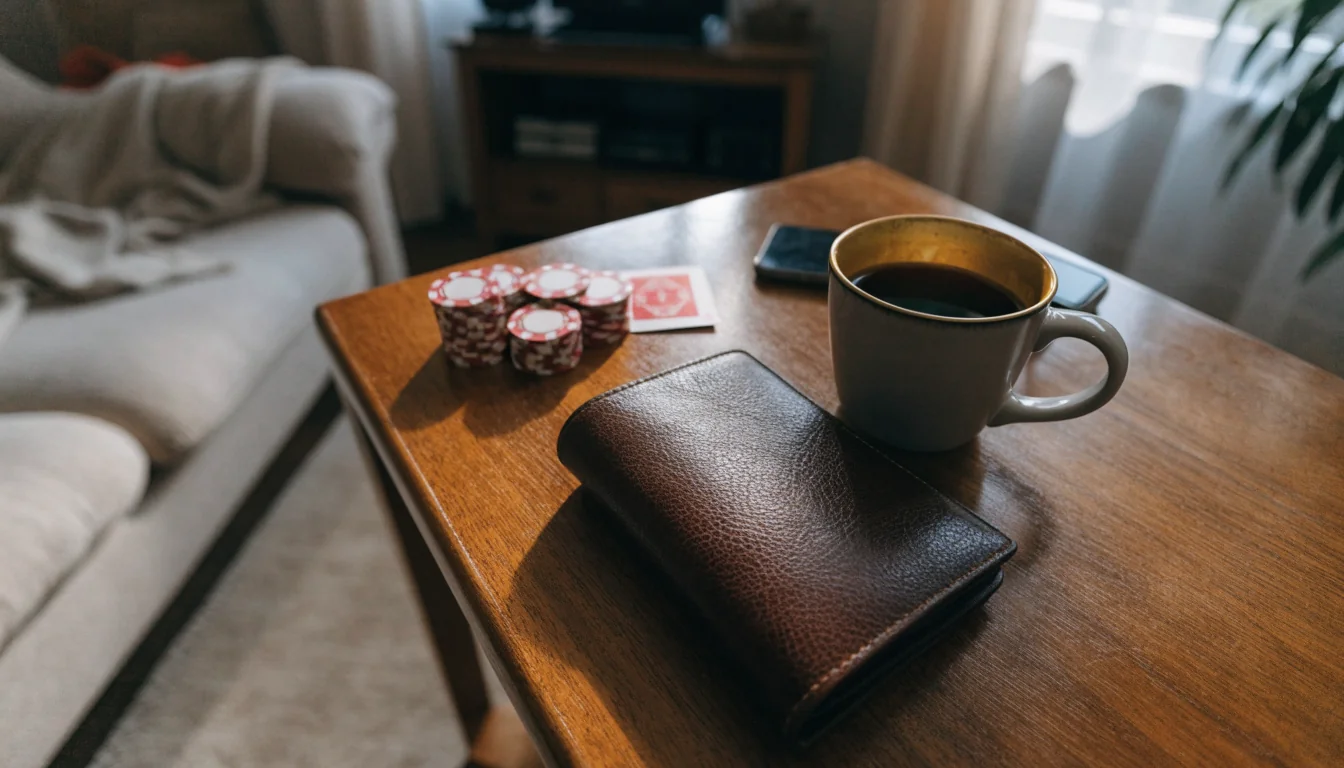 Portemonnee, koffie en casinochips op een salontafel in een Nederlandse woonkamer.