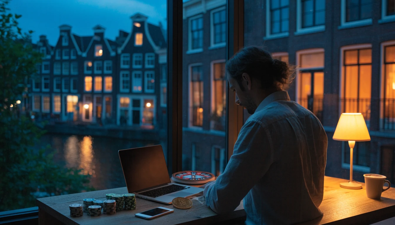 Nederlandse man aan bureau met roulette en crypto munt