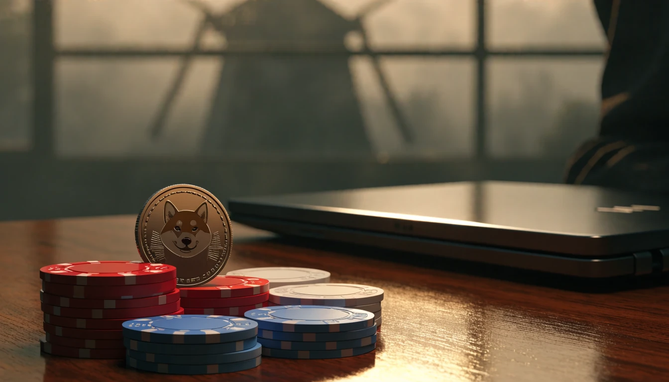 Nederlands Dogecoin casino met chips en munt op tafel