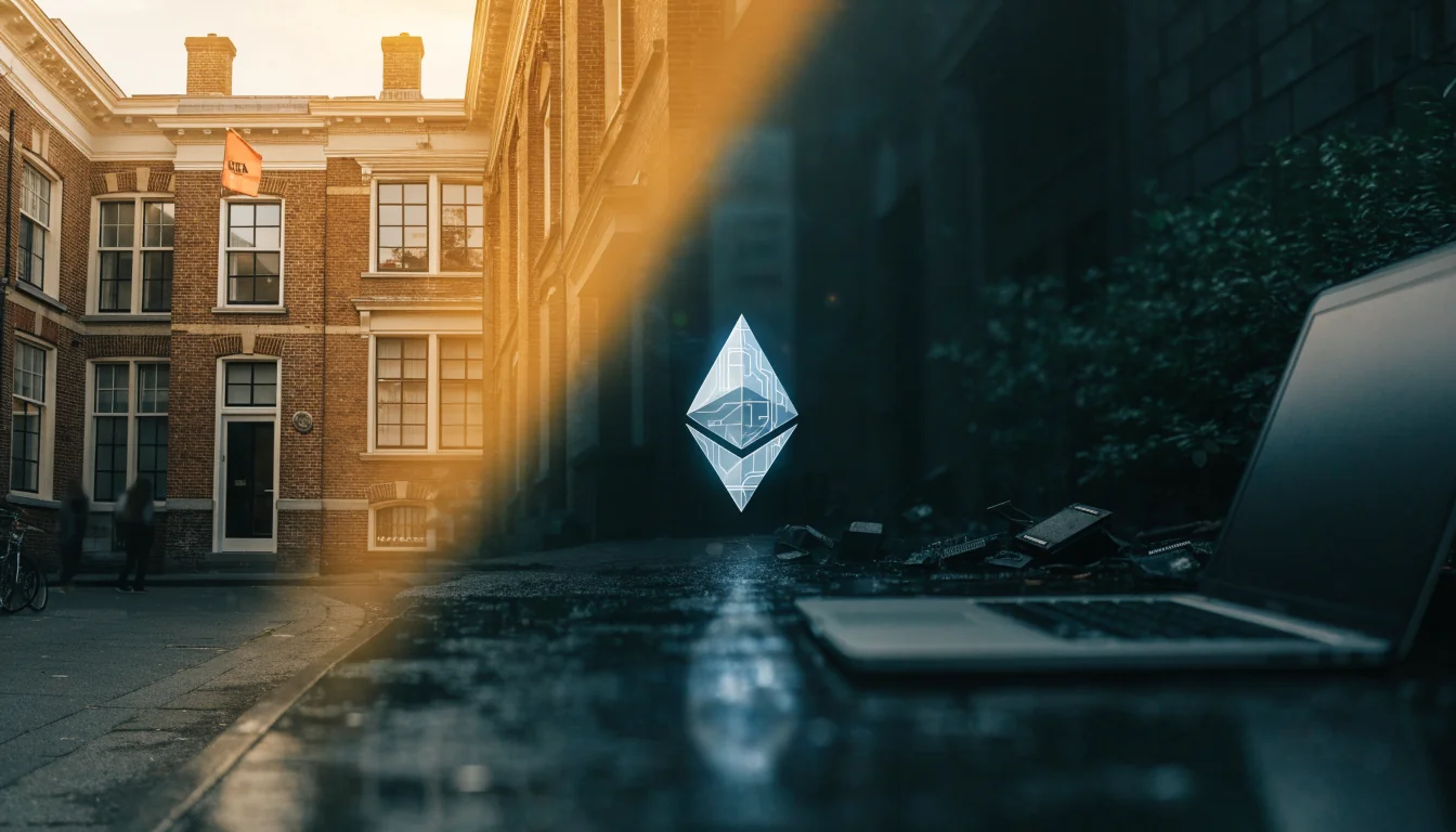 Gesplitste scène van een vergund Nederlands casino en een Ethereum-crypto casino