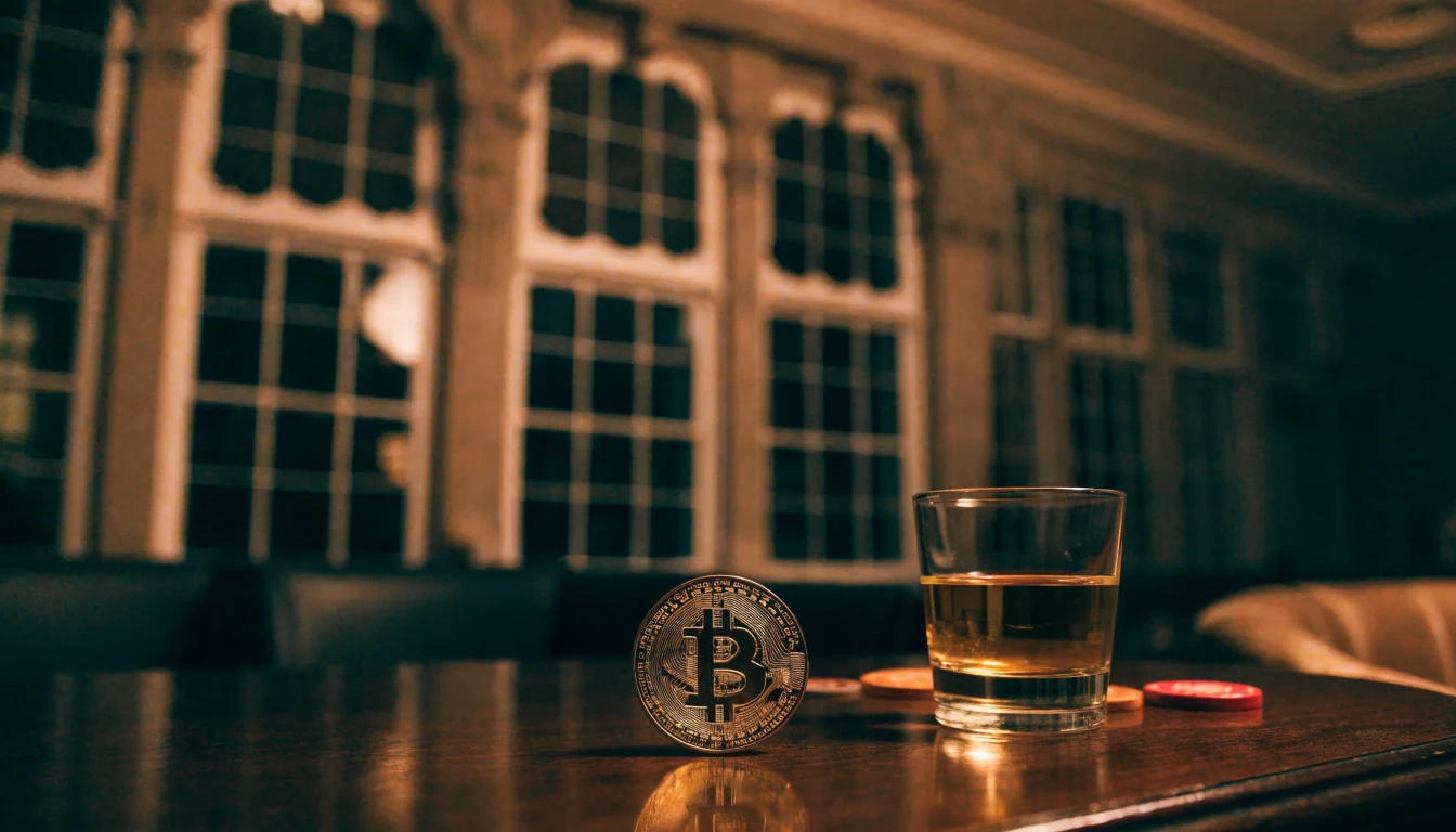 Bitcoin-munt en casinofiches op een tafel in een warm verlicht Amsterdams interieur