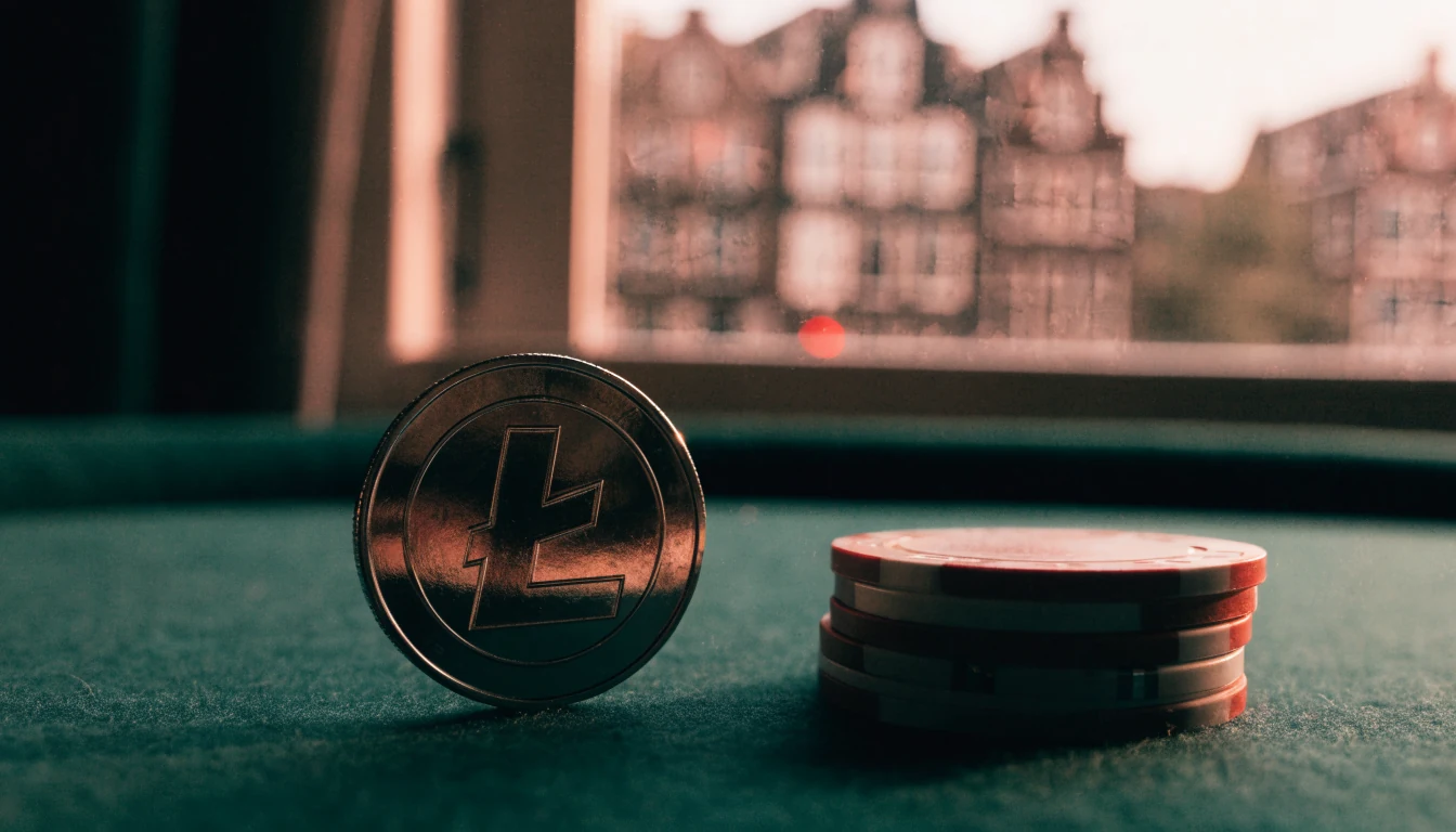 Litecoin munt naast casinofiches op groene speeltafel in Nederlandse sfeer