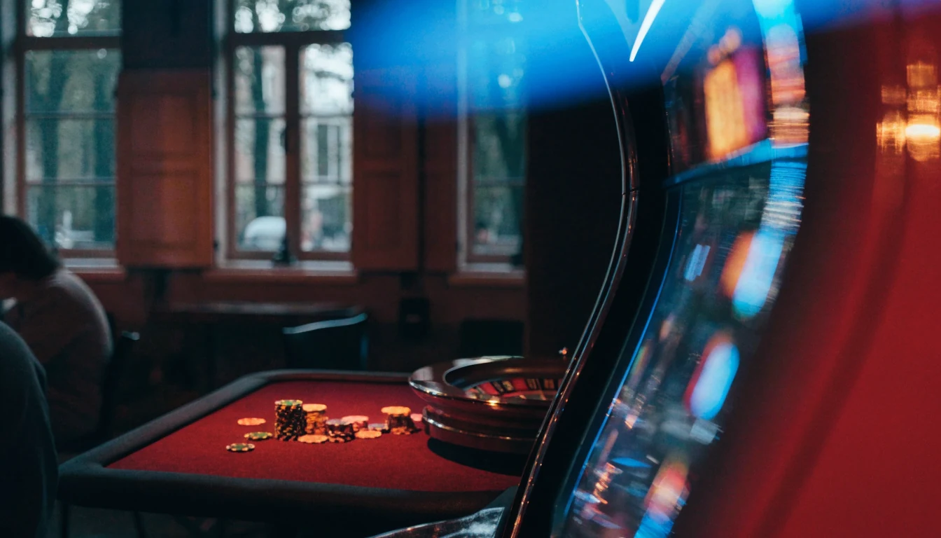 Stijlvolle Nederlandse casino-omgeving met moderne gokkast en roulettewiel in sfeervol interieur