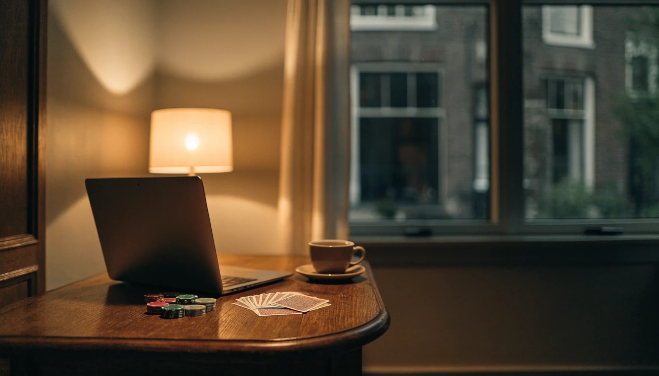 Sfeervol ingerichte Nederlandse woonkamer met laptop, pokerfiches en speelkaarten op tafel