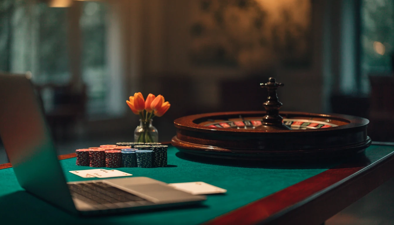 Casinotafel met roulette, fiches, kaarten en een open laptop naast Nederlandse tulpen