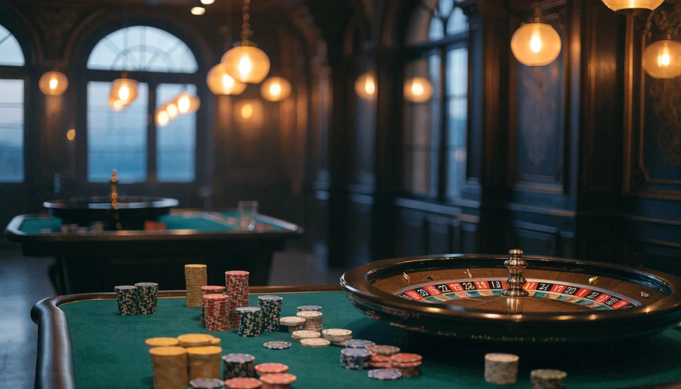 Stijlvolle casinobal met roulettewiel en fiches in warm licht