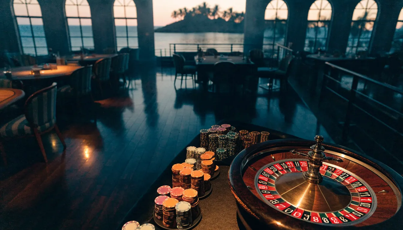 Elegante casinoruimte met roulettewiel en chipstapels bij gedimd goud licht