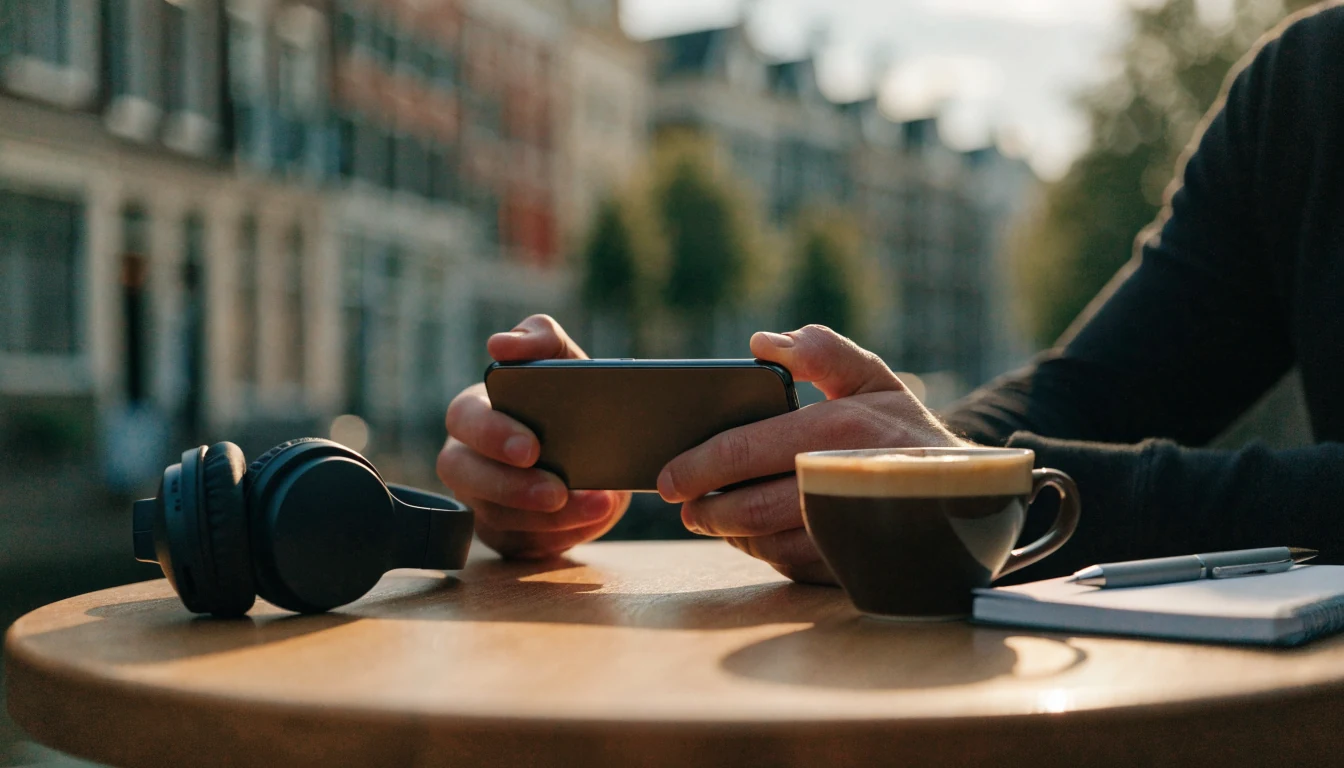 Spelende man met smartphone aan een Amsterdamse gracht, rustig onderzoekend welk casino te kiezen