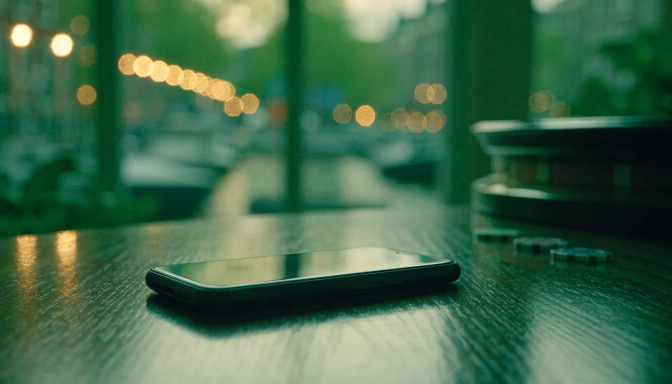 Smartphone met casinofiches en roulettewiel op tafel, scherm naar beneden