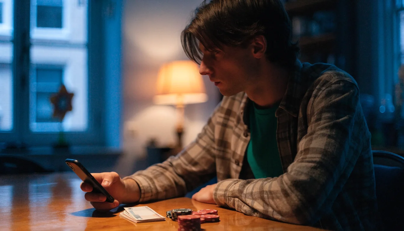 Man aan tafel met telefoon en casinofiches in Amsterdamse woning
