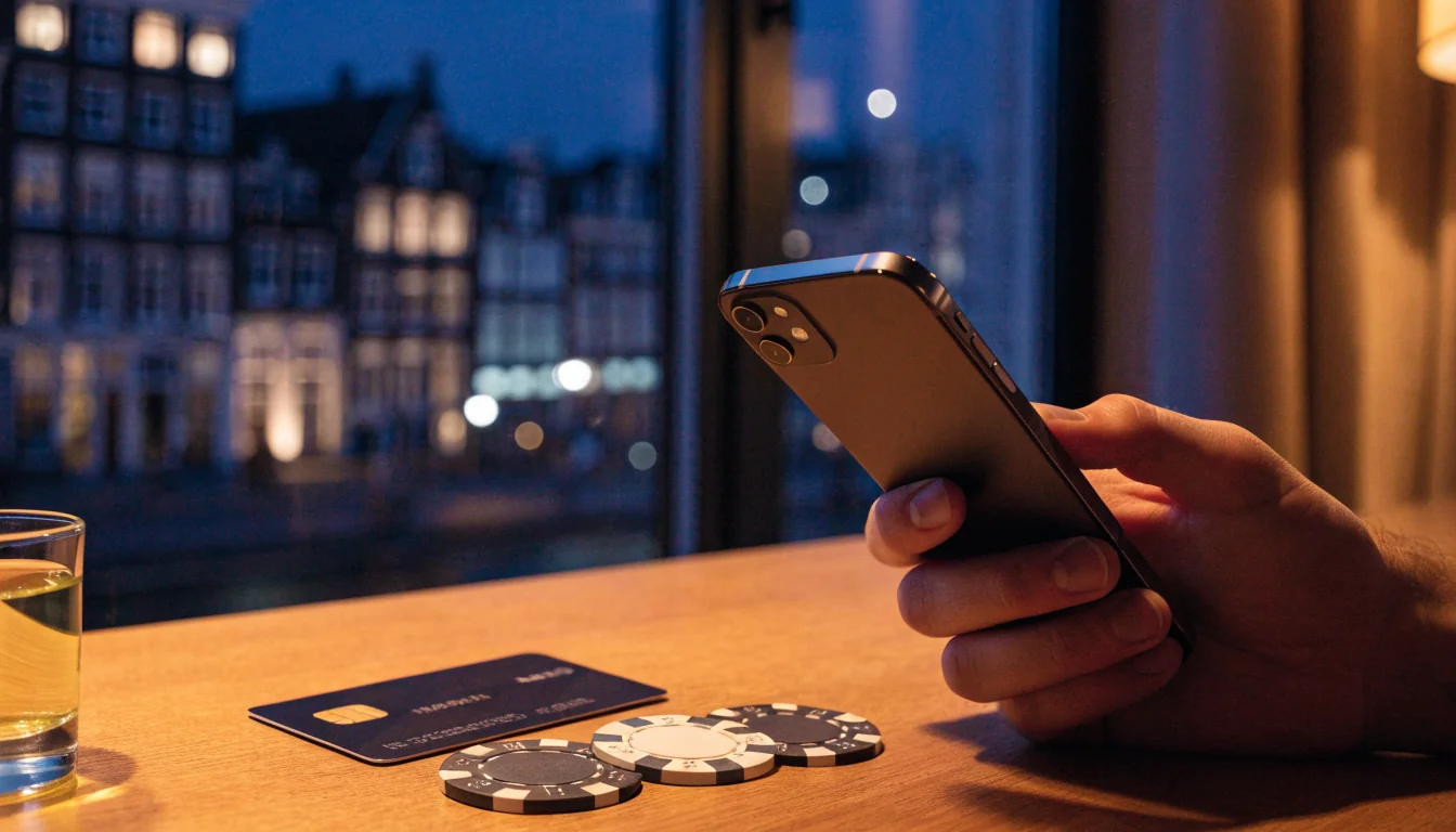 Hand met iPhone, creditcard en casinofiches op tafel in Nederlands interieur