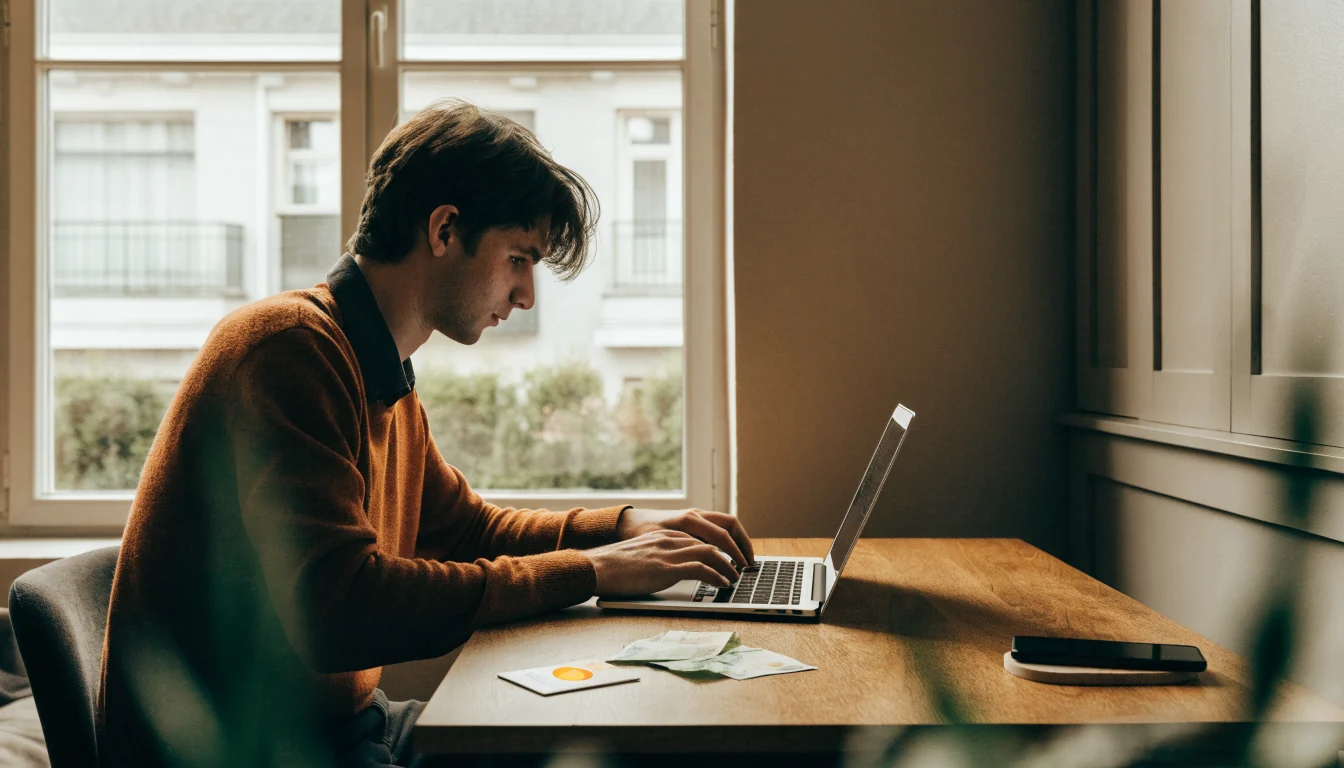 Man aan bureau met laptop, betaalkaart en eurobankbiljetten in Nederlands interieur