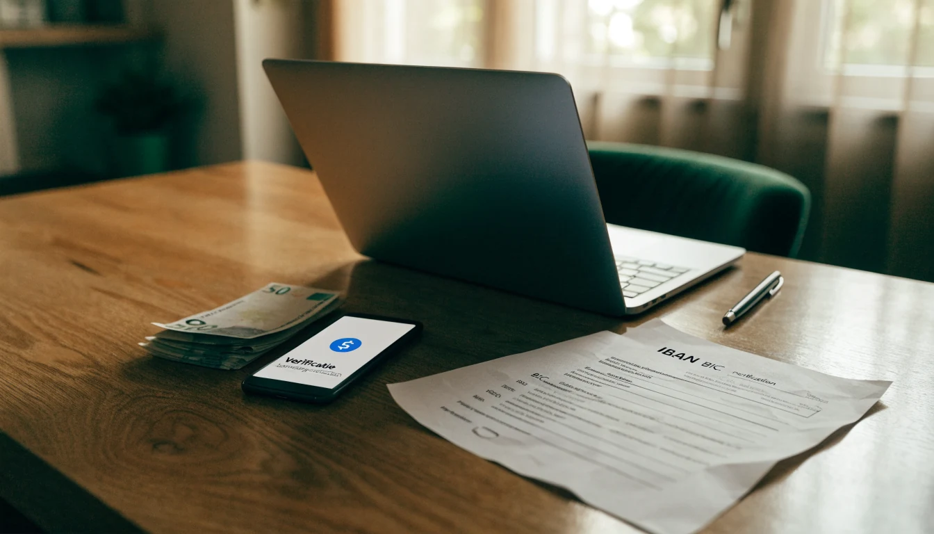 Bureau met laptop en eurobiljetten voor bankoverschrijving naar online casino