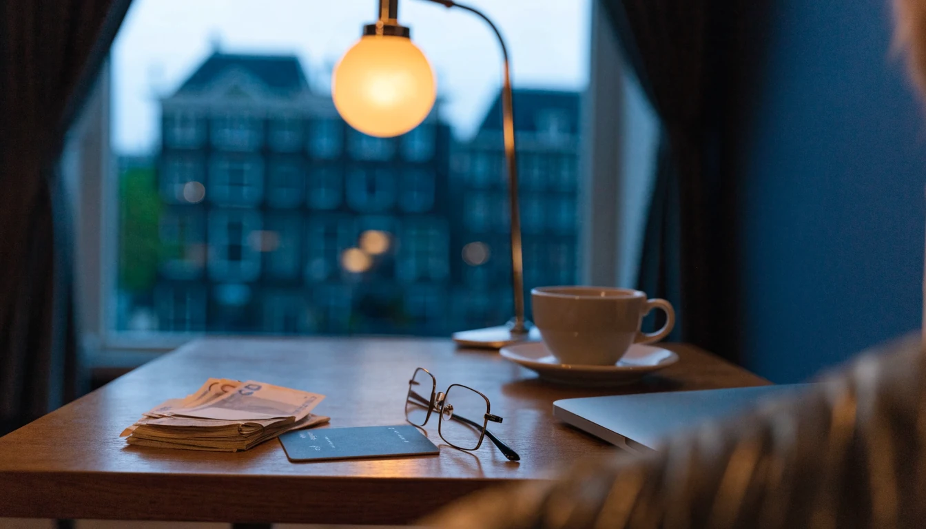 Creditcard en eurobiljetten op een salontafel in een Nederlands interieur.