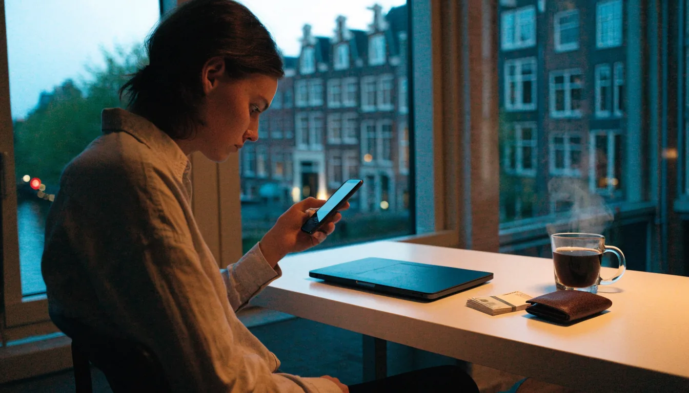 Persoon aan een bureau met smartphone en eurobankbiljetten in een modern Nederlands appartement.