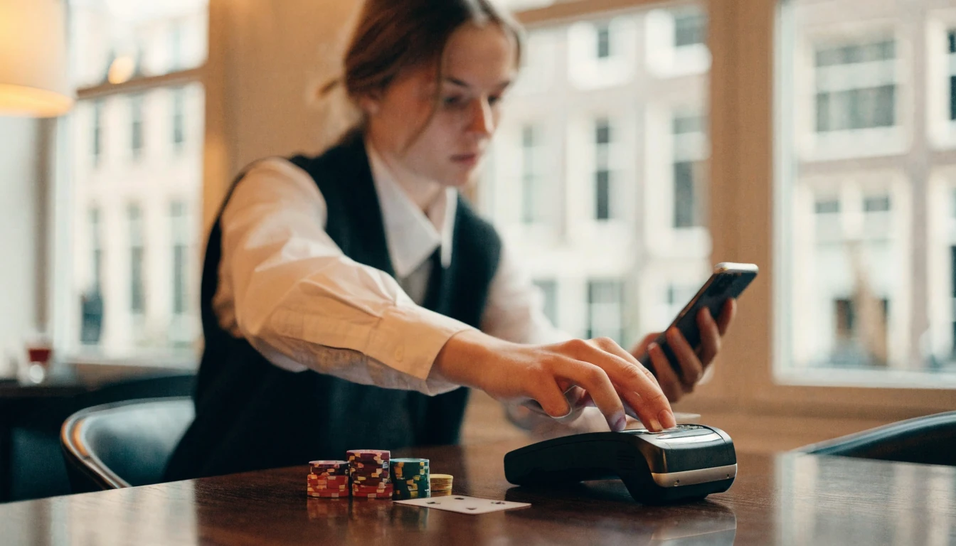 Nederlander betaalt contactloos met smartphone naast casinofiches op tafel