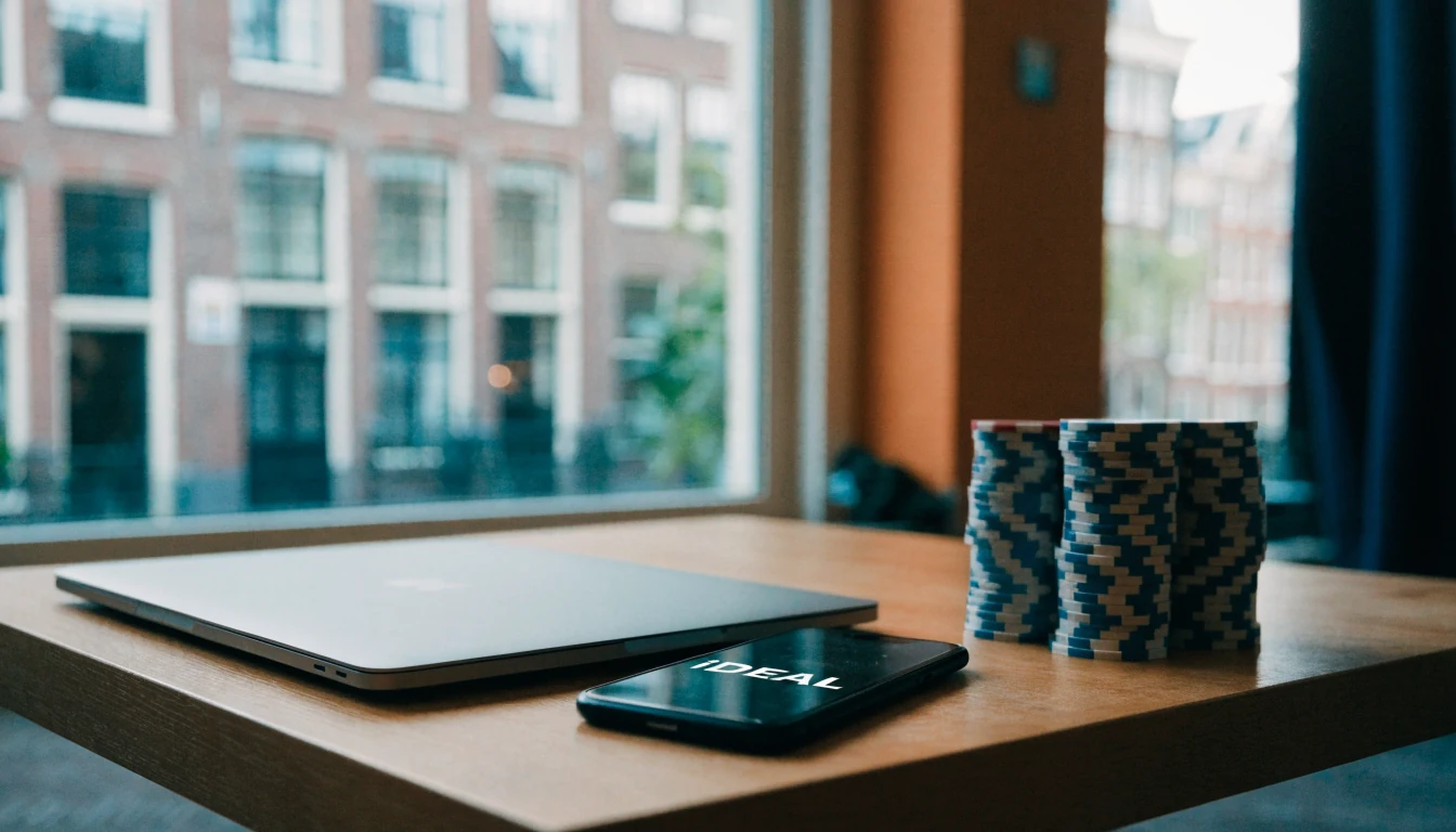 Casino chips en smartphone met iDEAL-betaling op tafel in een Nederlands interieur.