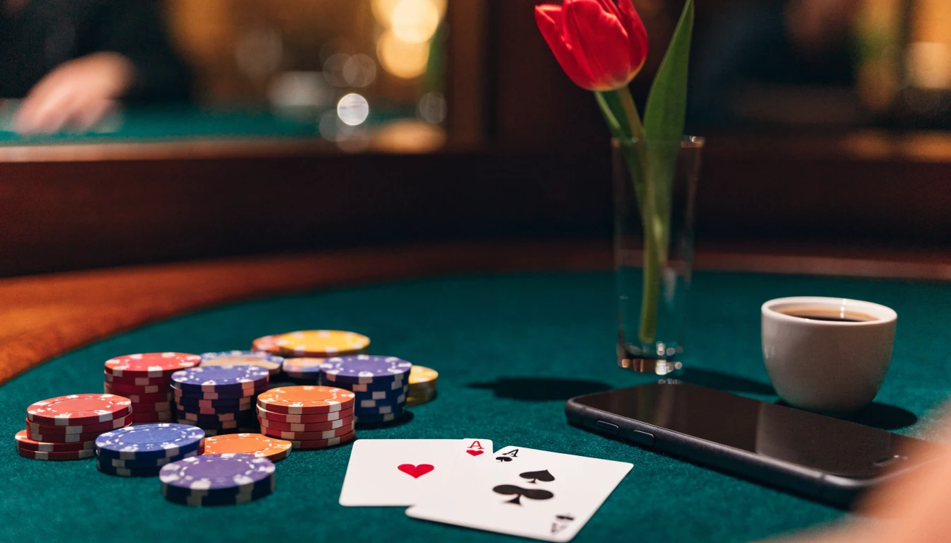 Casino tafel met pokerfiches, speelkaarten, een afgedekte smartphone en een tulp