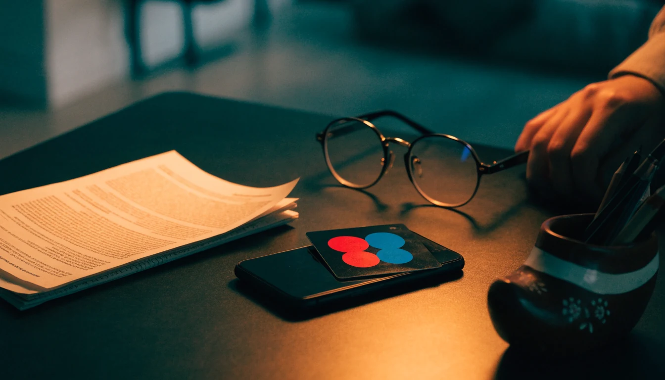 Maestro-betaalkaart op een bureau met een telefoon, leesbril en een papier met voorwaarden