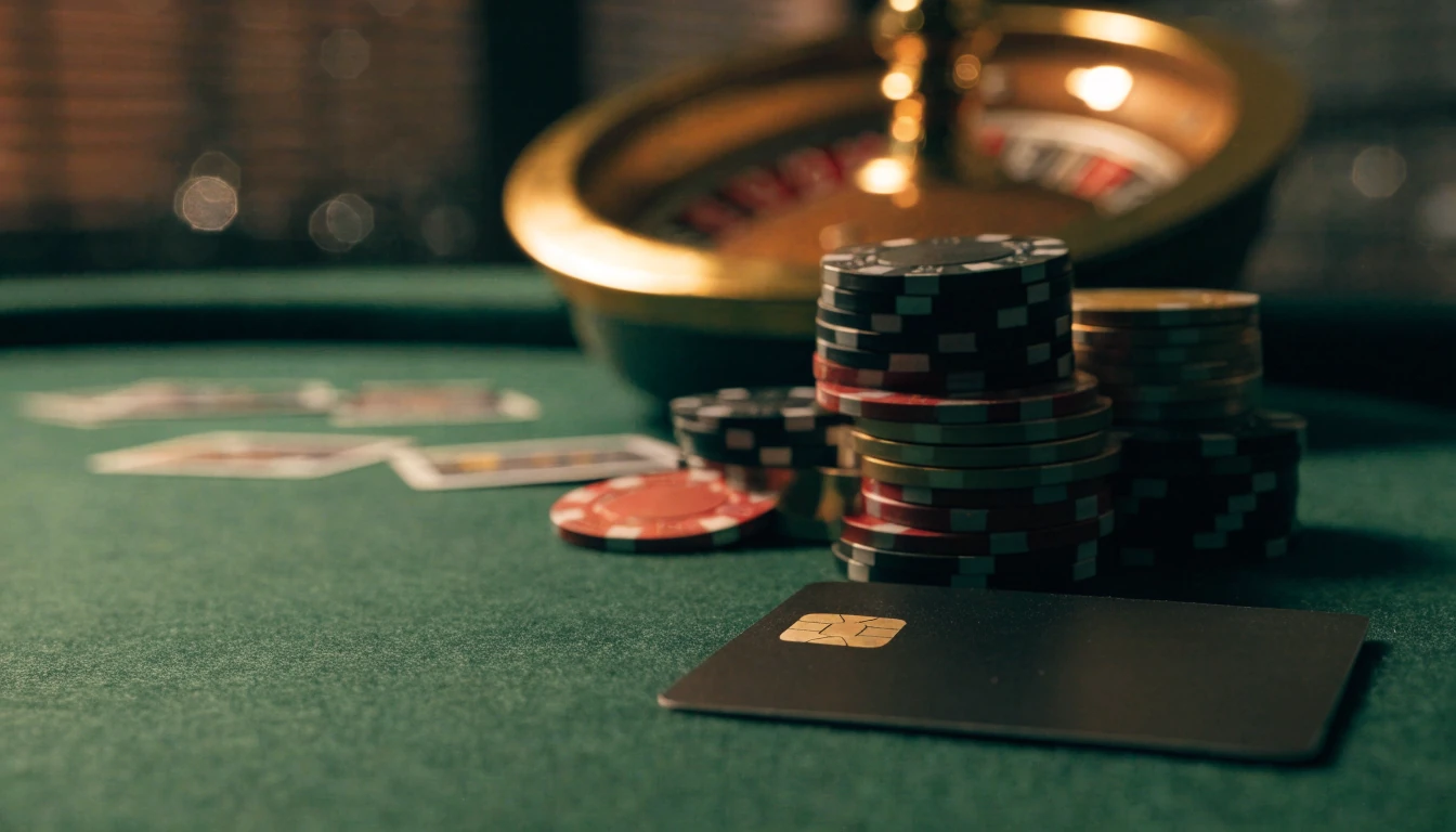 Stapel casinofiches en een zwarte creditcard op groene speeltafel