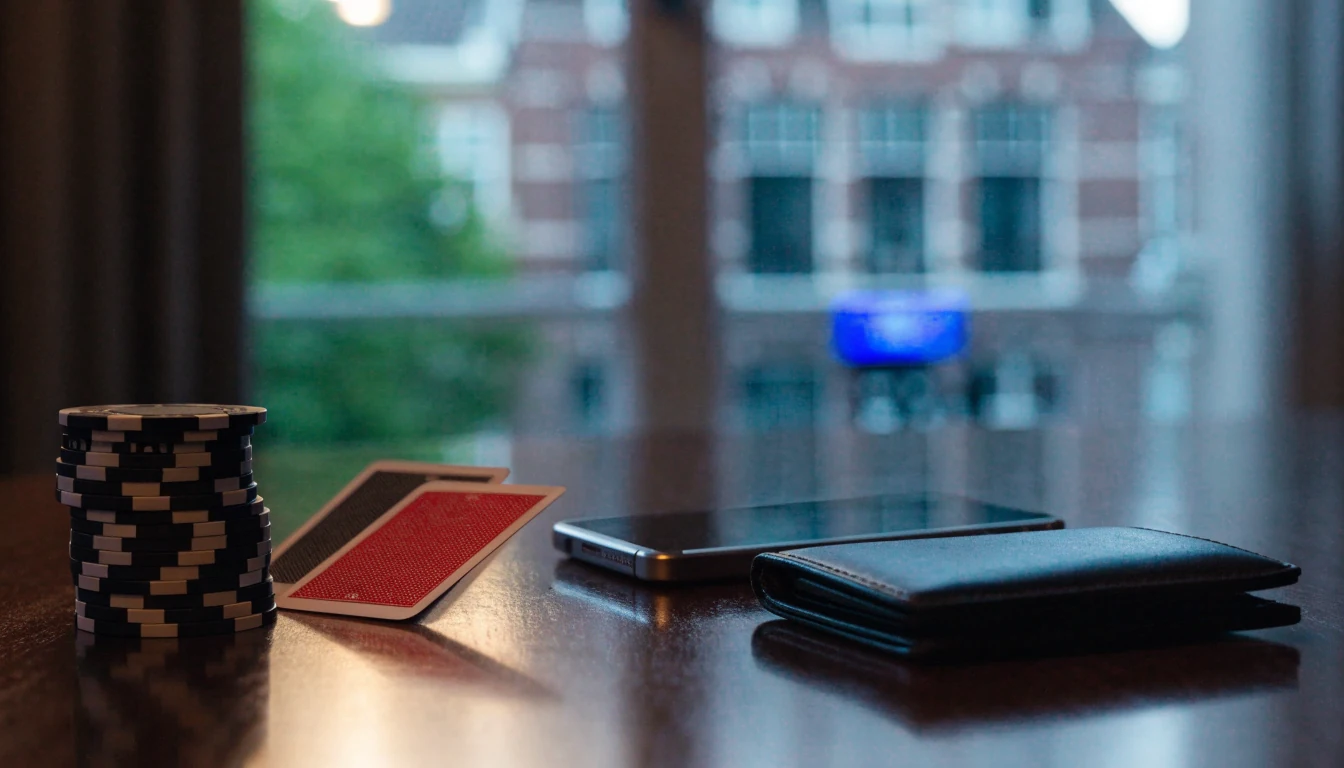 Casinochips, kaarten en smartphone op tafel met MiFinity-betaling
