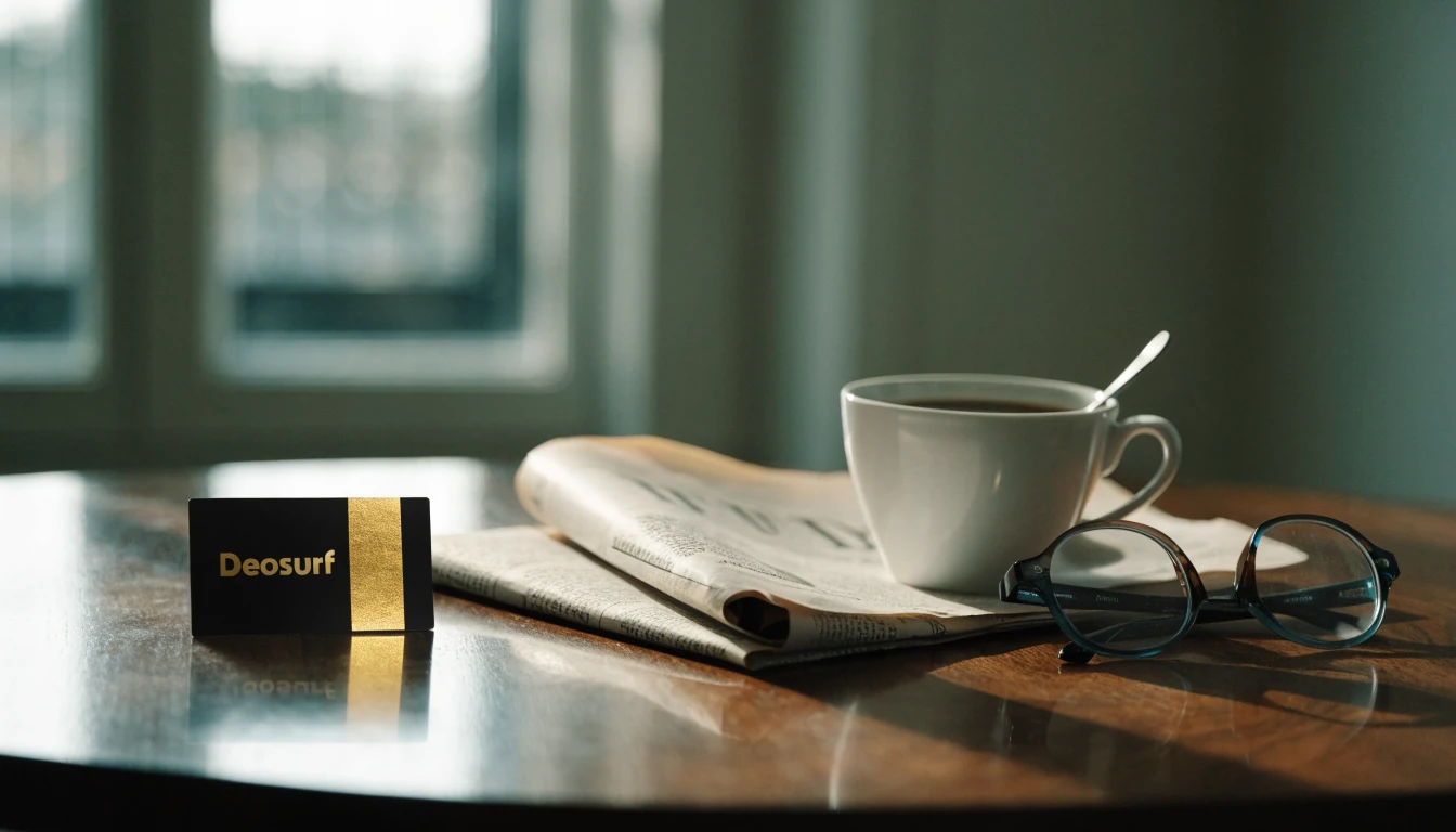 Neosurf voucher, Nederlandse krant en koffie op een houten tafel.